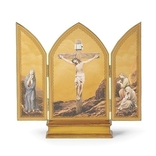 The Passion of Christ Triptych Statue with detailed crucifixion scene and figures, 10-inch tall gold-toned display.