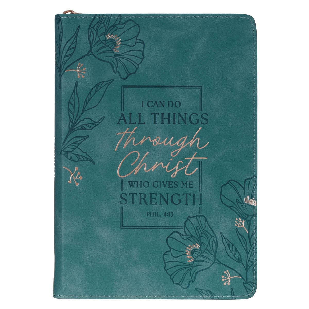 Teal faux leather journal with zippered closure featuring Philippians 4:13 "I can do all things through Christ" and floral design