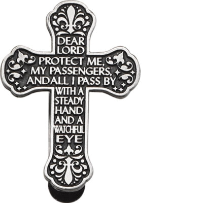 Traveler's Prayer Cross visor clip with black and silver tone and protective prayer text for drivers and passengers