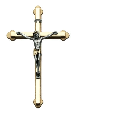 Two-tone gold and silver 6-inch crucifix with detailed corpus and ornate cross design on white background