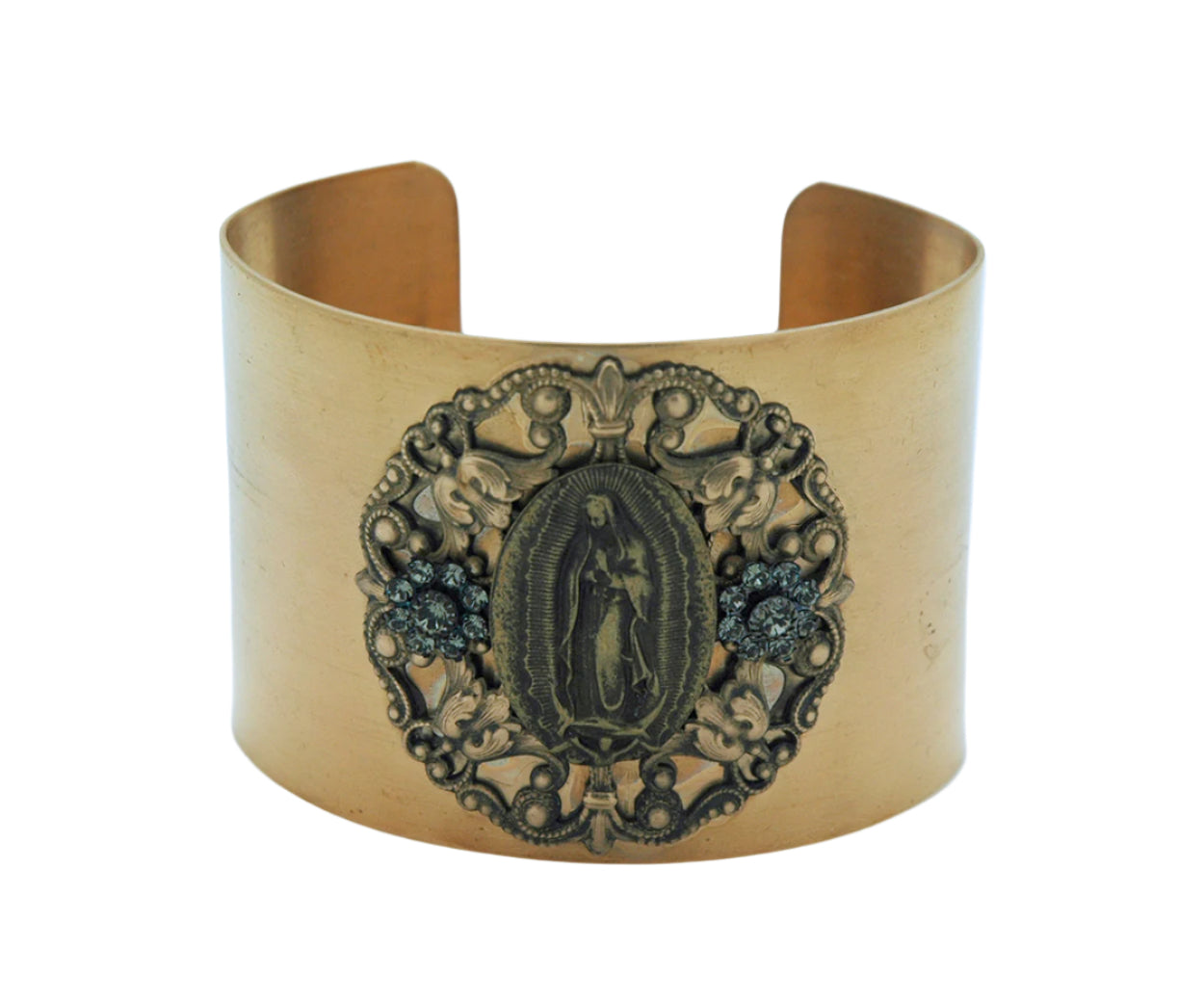 Vintage style gold-tone cuff bracelet with detailed Guadalupe medal and black diamond Swarovski crystal accents