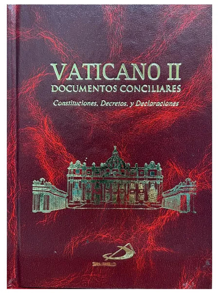 Hardcover book Vaticano II with gold embossed text and Vatican building illustration on red marbled cover
