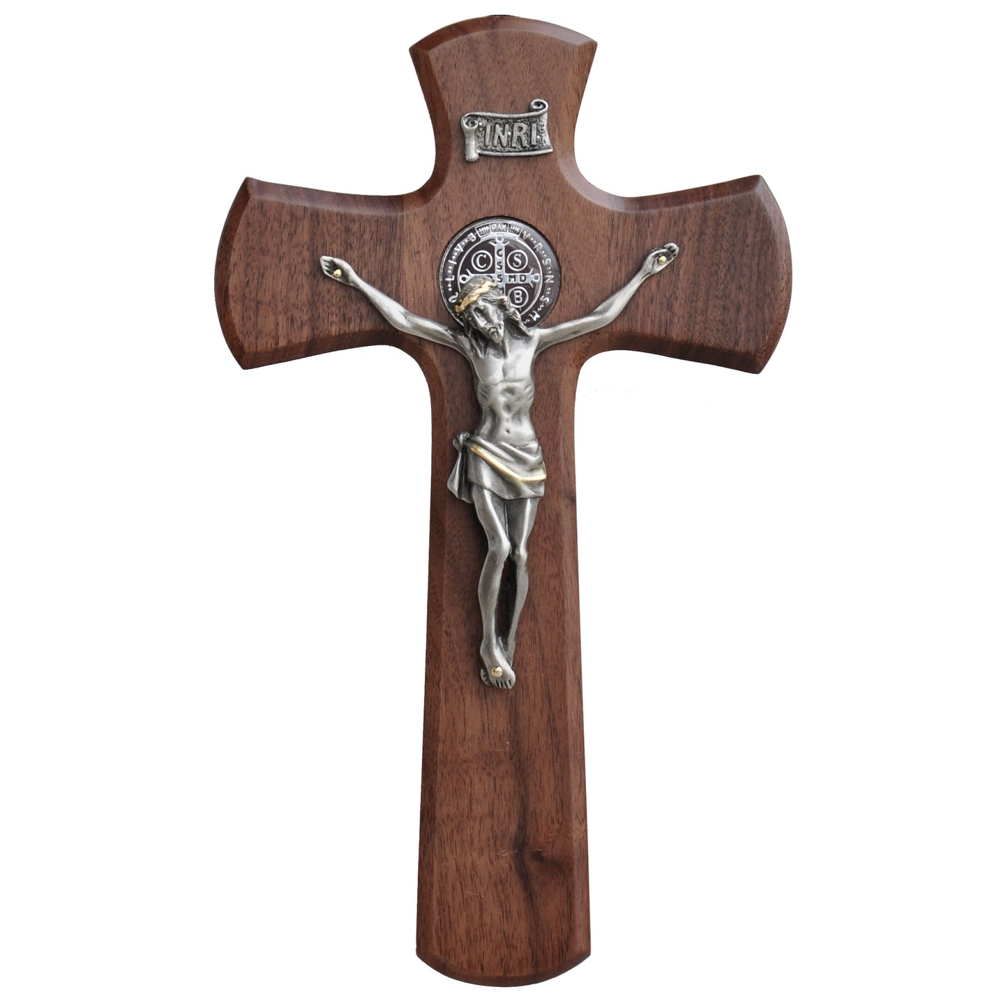 Saint Benedict wall crucifix with walnut cross, fine pewter corpus, double-sided medals, and INRI plaque, 10 inches tall.