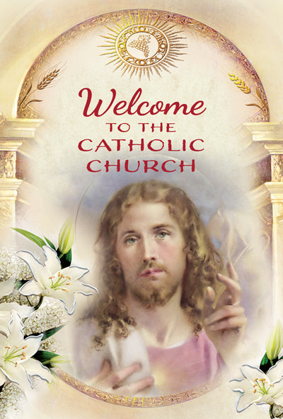 Welcome to the Catholic Church RCIA OCIA greeting card with Jesus image, lilies, and golden embossed details
