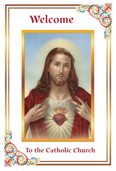 Welcome to the Catholic Church Sacred Heart RCIA OCIA greeting card with gold foil and decorative corner accents