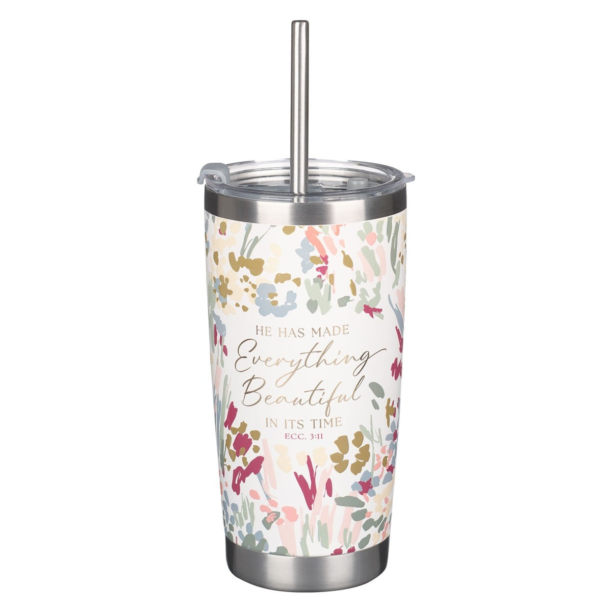 White floral stainless steel travel mug with Ecclesiastes 3:11 scripture and reusable stainless steel straw
