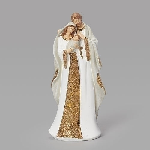 10" white and gold Holy Family statue featuring detailed patterns and serene expressions, perfect for Christmas décor.