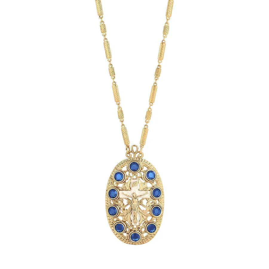 Women's oval cross stone necklace with blue crystals, white enamel cross, and 14k gold-dipped textured chain
