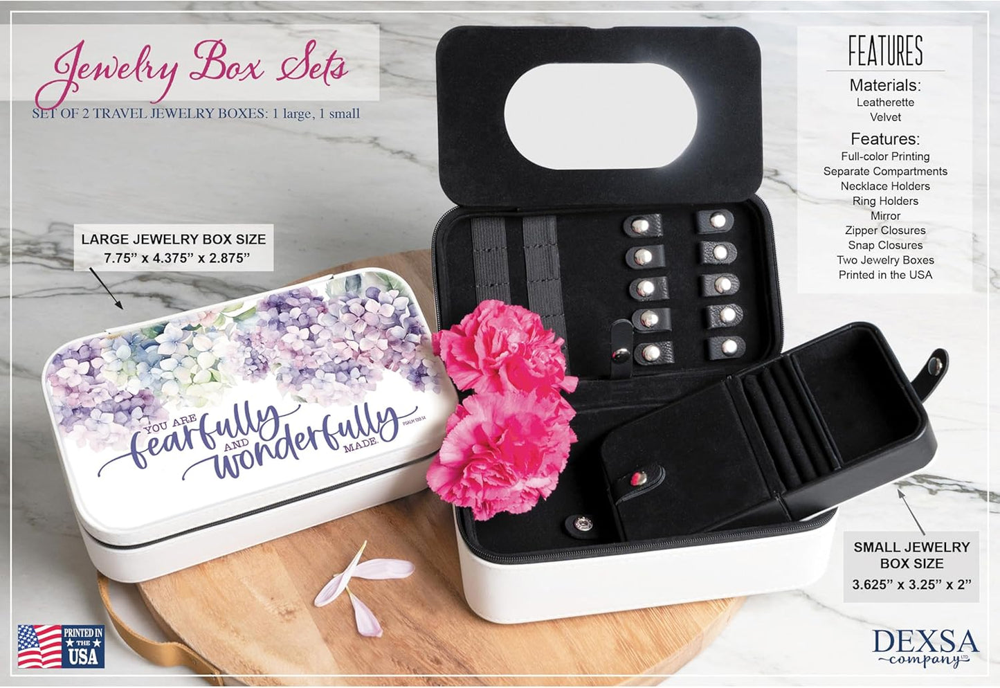 You are Fearfully and Wonderfully Made jewelry box set with velvet interior, compartments, ring holders, and leatherette exterior