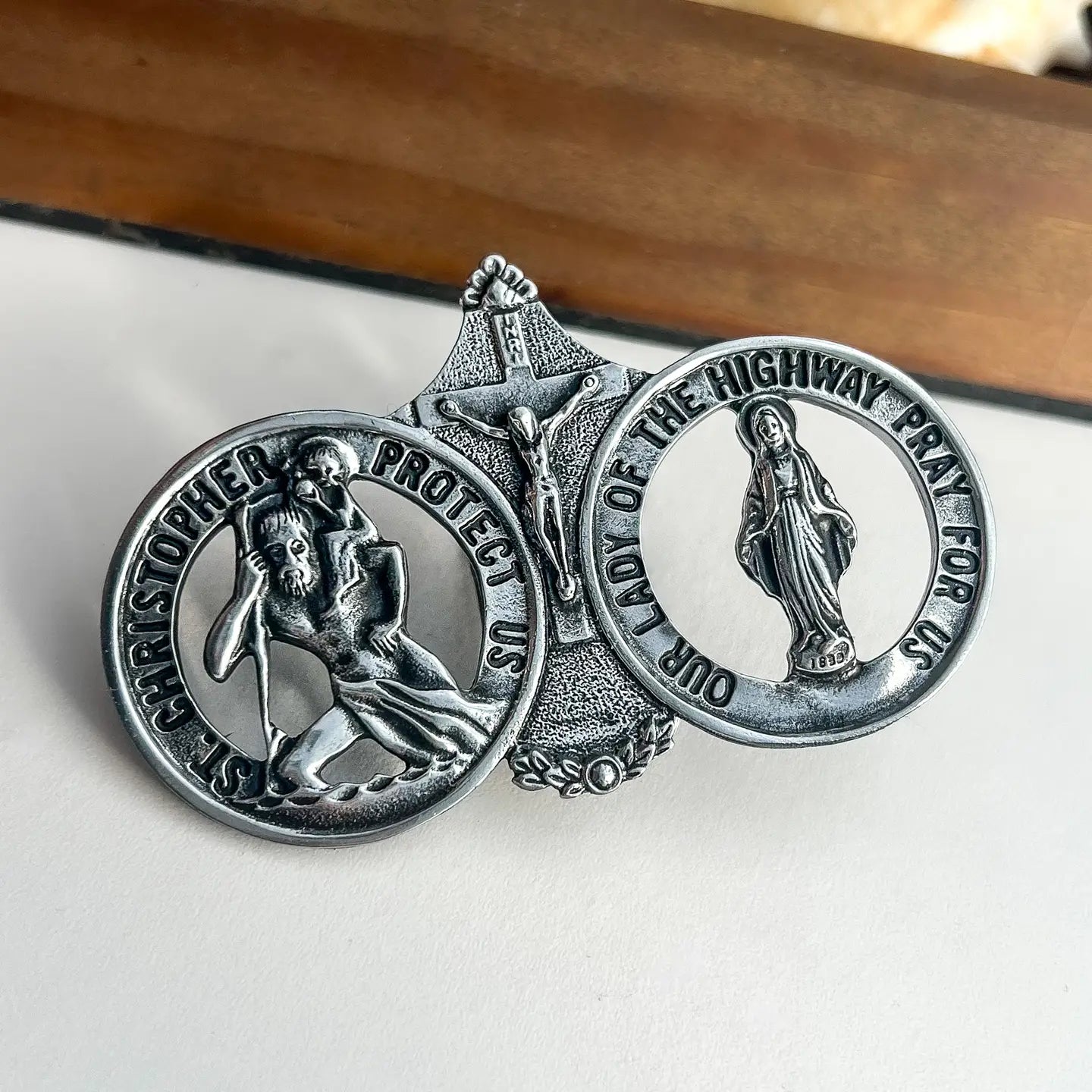 St Christopher with Our Lady of the Highway Sun-Visor Clip