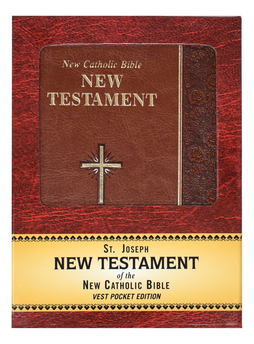 St. Joseph New Testament Vest Pocket Edition of the New Catholic Bible with brown textured cover and embossed cross design
