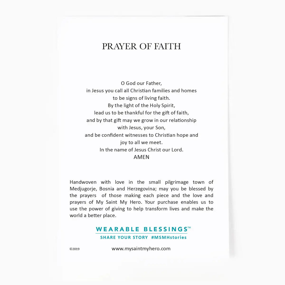 White prayer card titled Prayer of Faith with prayer text and note about Medjugorje, Bosnia and Herzegovina on white background