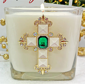 Hyssop Pearled Jeweled Cross Candle  3 1/2