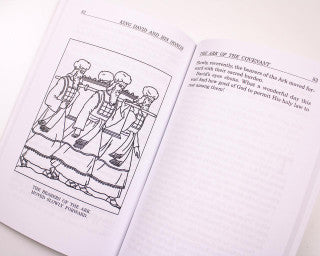 Open book showing black and white illustration of King David and text from Mary Fabyan Windeatt’s story of the Psalms author