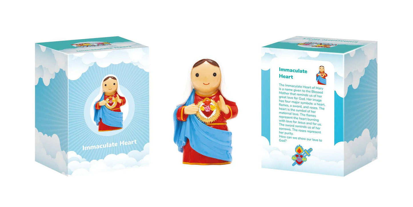 3.5" Immaculate Heart of Mary collector’s edition figurine with red and blue robes and packaging box