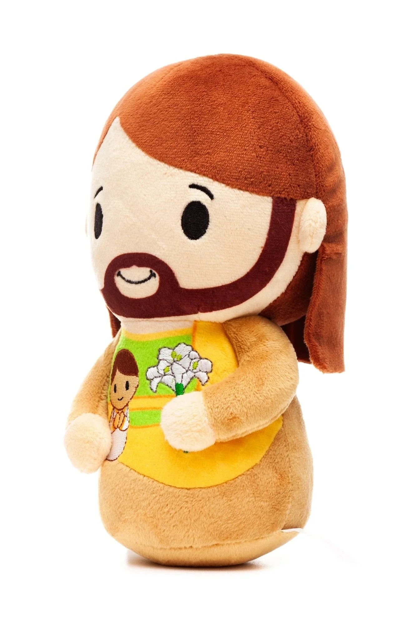 9-inch plush Saint Joseph doll with brown hair, beard, and embroidered lilies and child on yellow robe