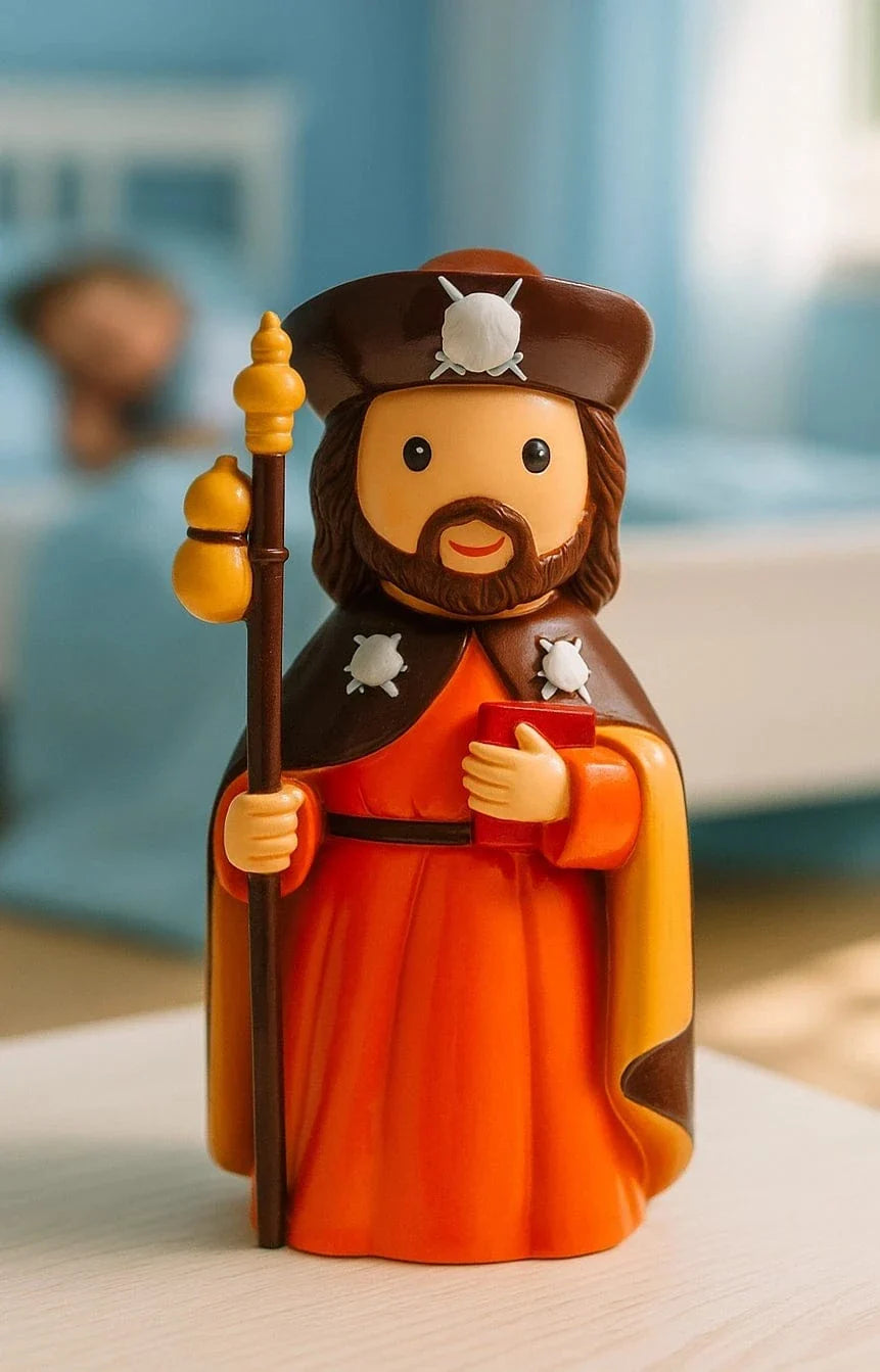 3.5" Saint James Collector's Edition figurine in orange robe holding staff and book on blurred indoor background