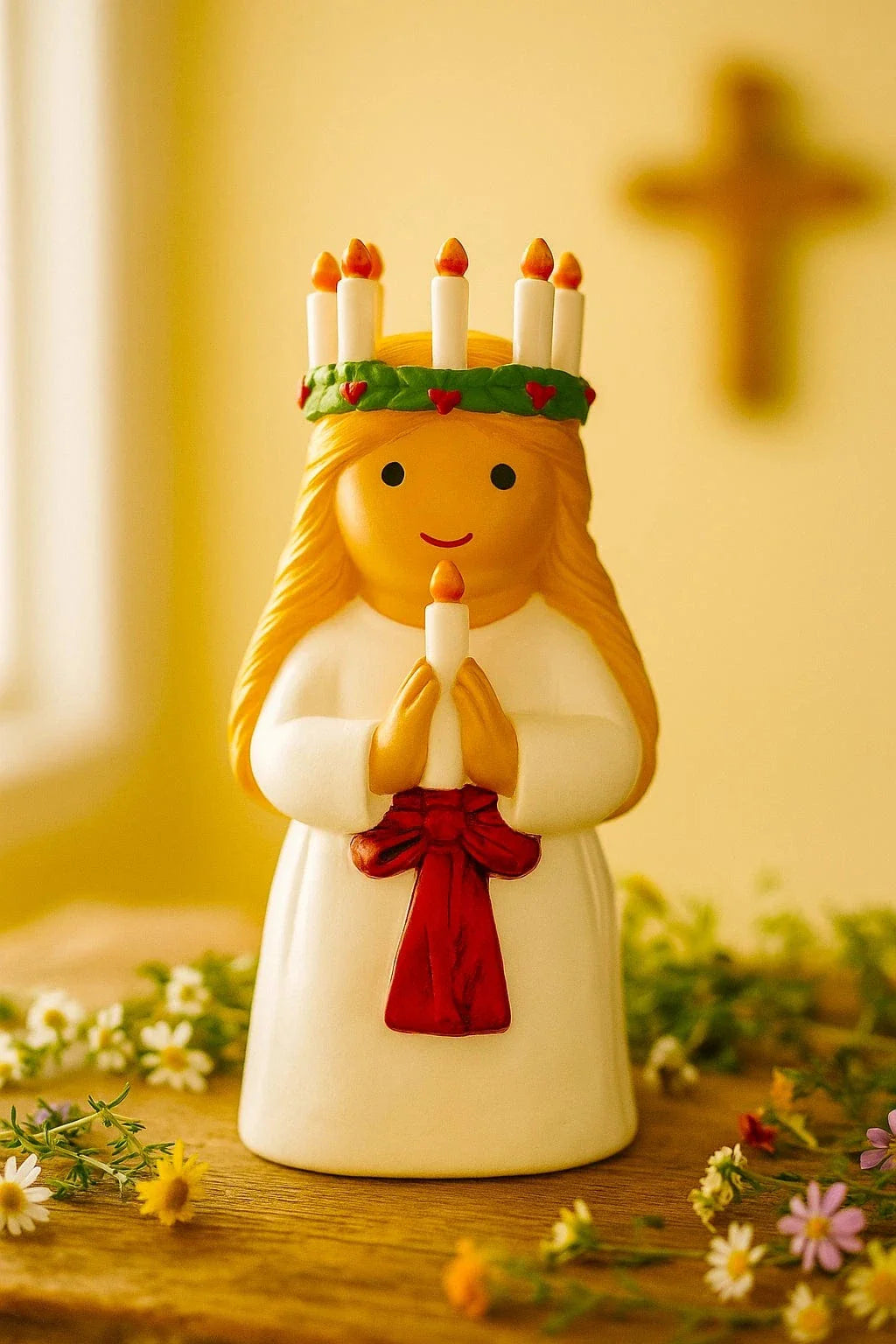 3.5" Saint Lucy collector's edition figurine with wreath of candles and red ribbon on cream-colored robe