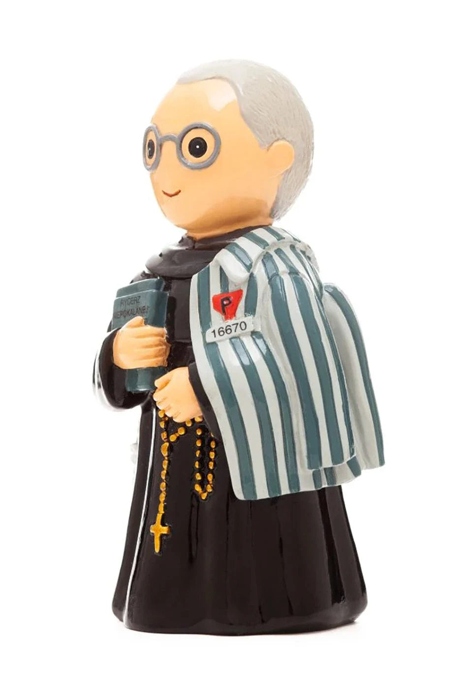 3.5" figurine of St. Maximilian Kolbe in priest robe with striped camp uniform and rosary beads holding a book