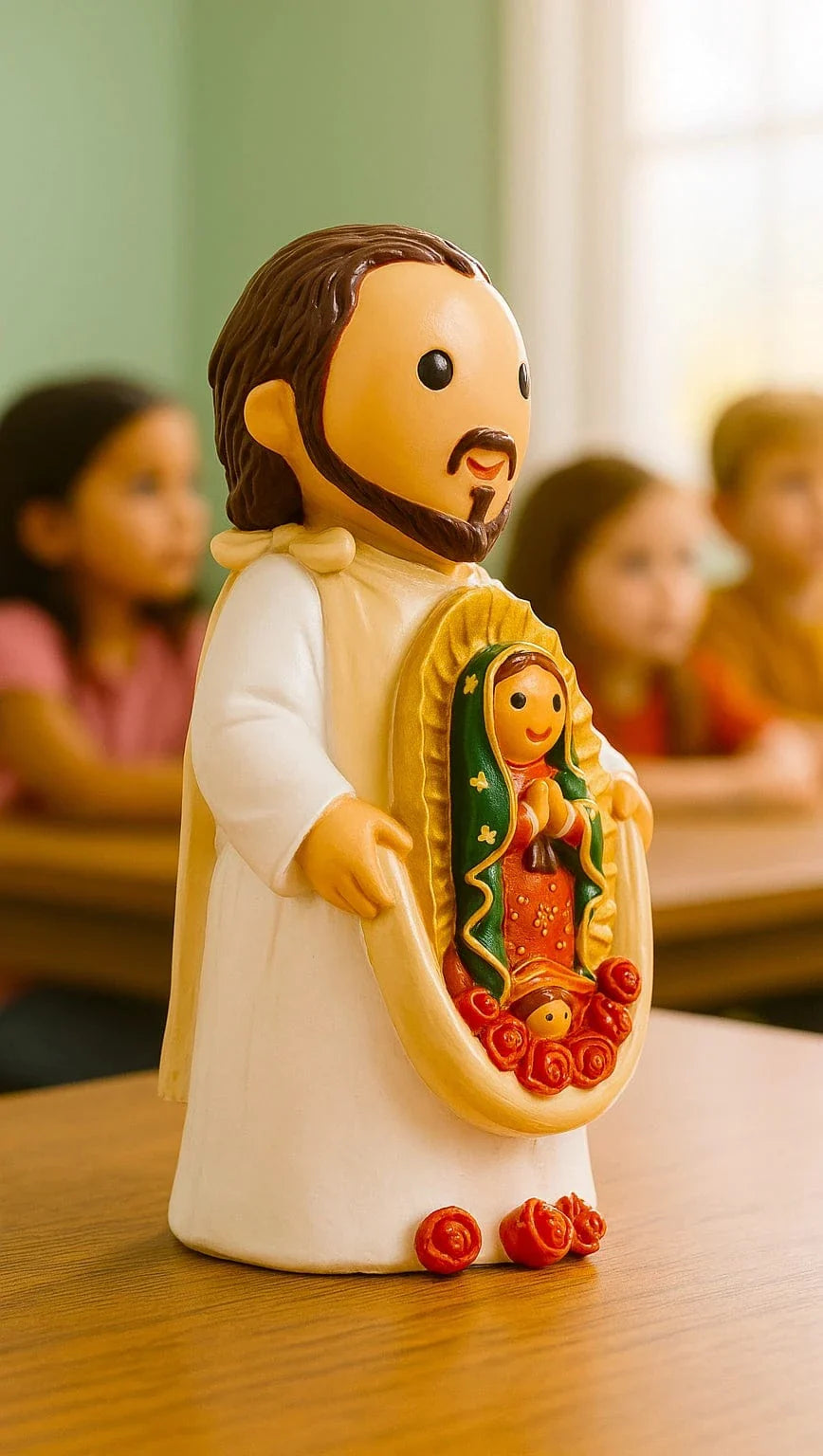 3.5" Saint Juan Diego collector's edition figurine holding Our Lady of Guadalupe with red roses on wooden desk