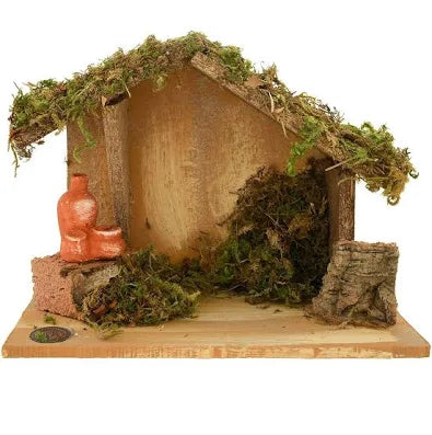 Wood Moss Box Stable for 5" Nativity figures with rustic wood, moss covering, and terracotta accessory detail