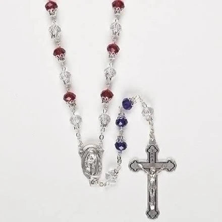 Patriotic Rosary Beads with red, white, and blue crystals and silver crucifix featuring Prayer for America design, 23 inches long