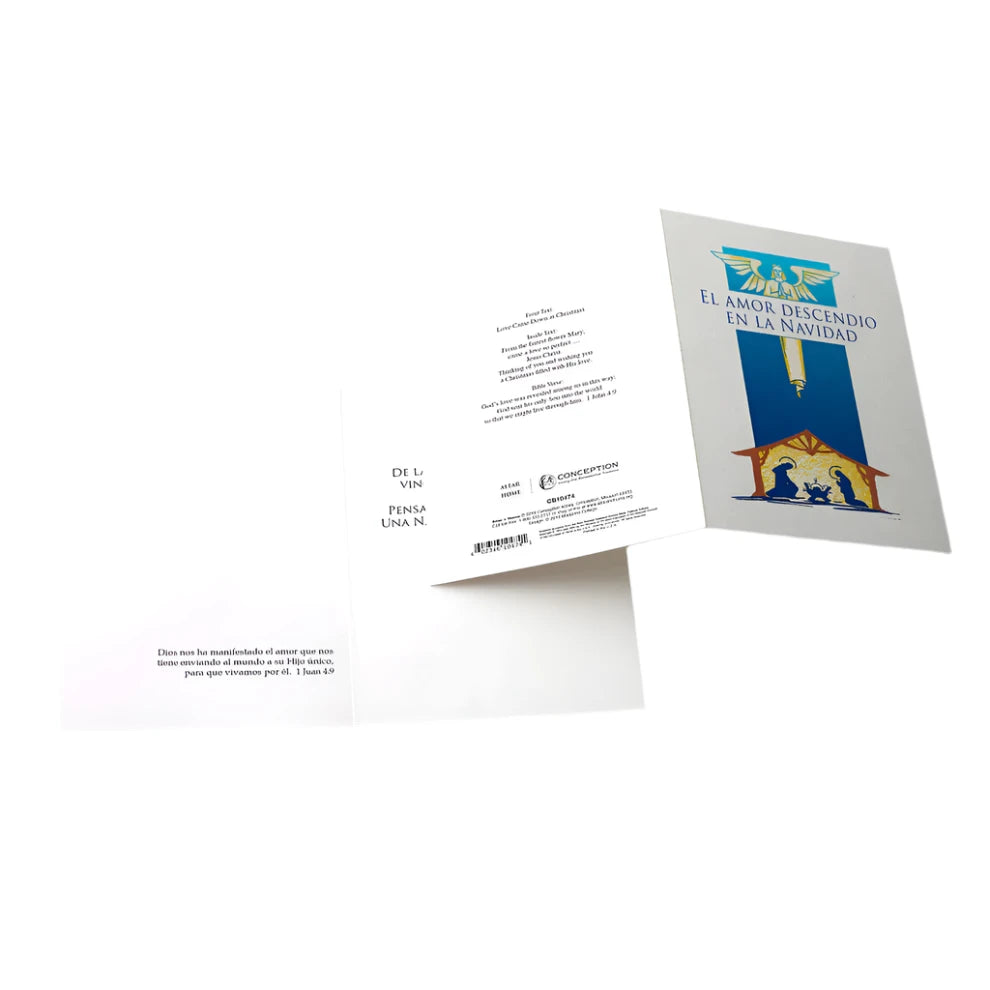 Christmas card titled El Amor Descendio En La Navidad featuring nativity scene and Spanish religious text inside