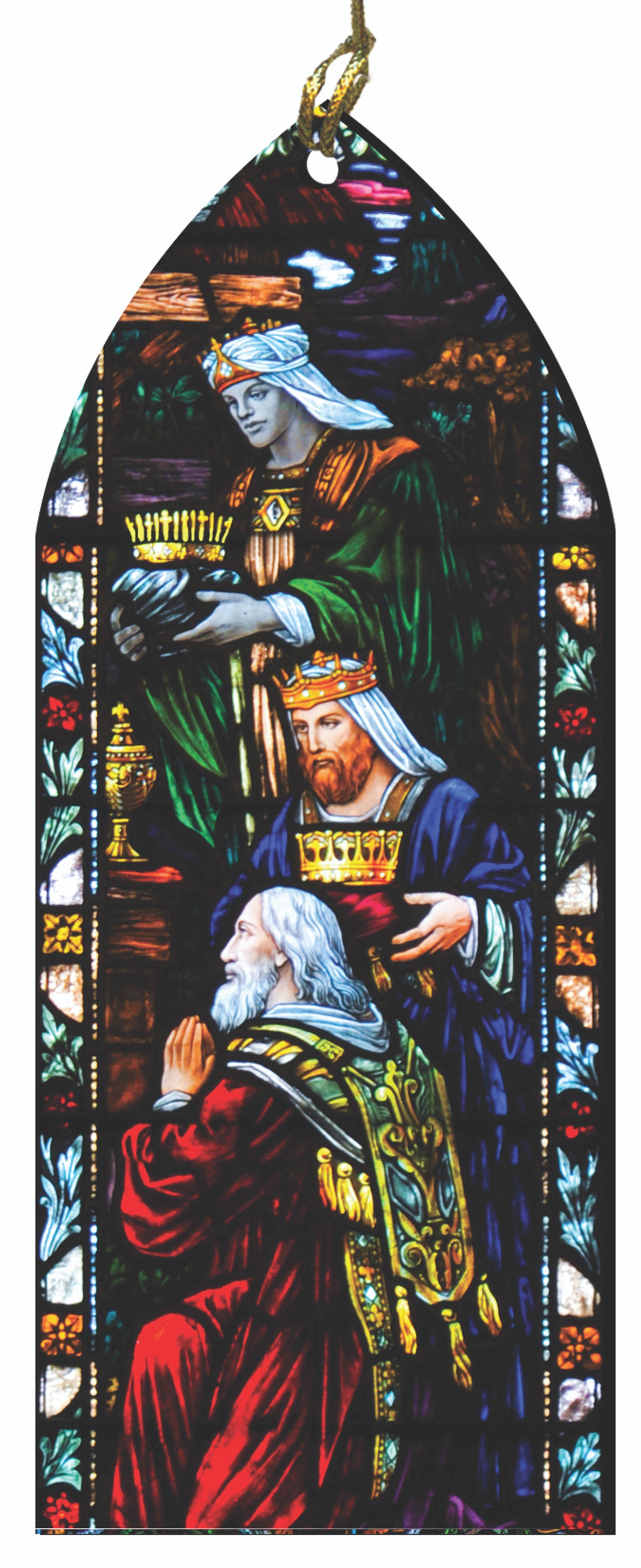 Stained glass style wood ornament featuring the Wise Men bearing gifts in detailed colorful design, 5 inches tall.