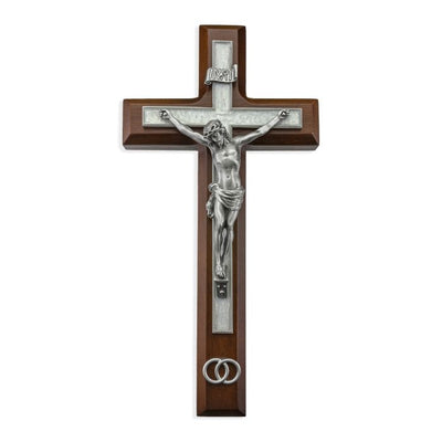 Walnut Wood and Pearlized Cross with a Pewter Corpus and Wedding Rings 10