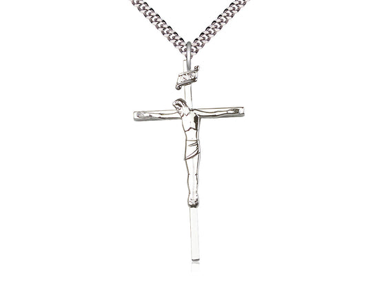 Sterling Silver Crucifix Pendant on a 24 inch Light Rhodium Heavy Curb Chain - Unique Catholic Gifts