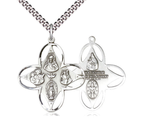 Sterling Silver 4-Way Pendant on a 24 inch Light Rhodium Heavy Curb Chain - Unique Catholic Gifts