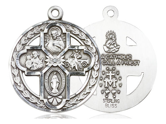 Sterling Silver 4-Way Pendant on a 24 inch Light Rhodium Heavy Curb Chain - Unique Catholic Gifts