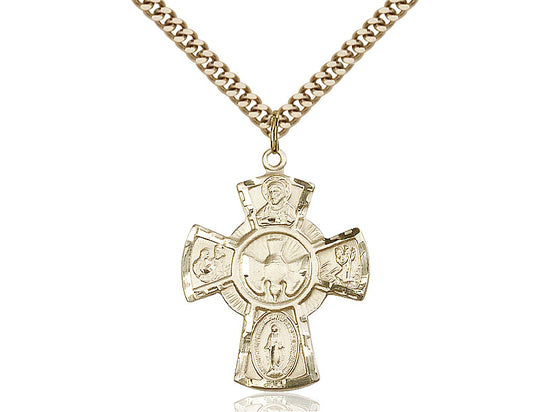 14kt Gold Filled 5-Way Pendant on a 24 inch Gold Plate Heavy Curb Chain - Unique Catholic Gifts