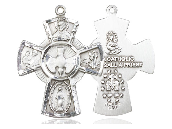 Sterling Silver 5-Way Pendant on a 24 inch Light Rhodium Heavy Curb Chain - Unique Catholic Gifts