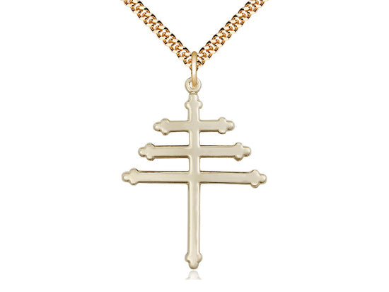 14kt Gold Filled Maronite Cross Pendant on a 24 inch Gold Plate Heavy Curb Chain - Unique Catholic Gifts