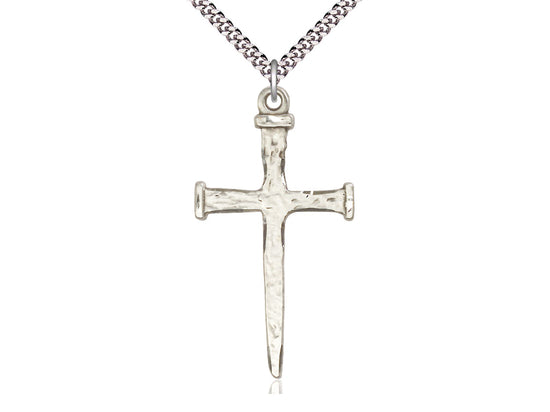 Sterling Silver Nail Cross Pendant on a 24 inch Light Rhodium Heavy Curb Chain - Unique Catholic Gifts