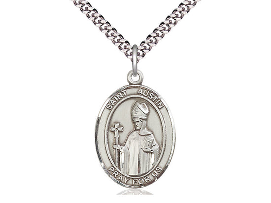 Sterling Silver St Austin Pendant on a 24 inch Light Rhodium Heavy Curb Chain. - Unique Catholic Gifts