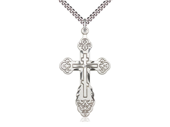 Sterling Silver Vladimir Cross Pendant on a 24 inch Light Rhodium Heavy Curb Chain - Unique Catholic Gifts