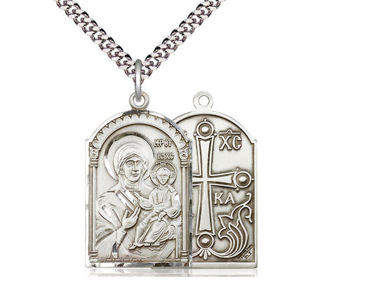 Sterling Silver Mother of God Pendant on a 24 inch Light Rhodium Heavy Curb Chain - Unique Catholic Gifts