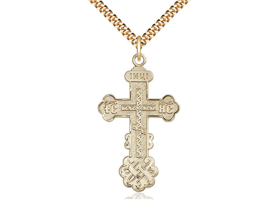 14kt Gold Filled Kiev Cross Pendant on a 24 inch Gold Plate Heavy Curb Chain - Unique Catholic Gifts