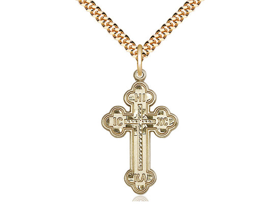 14kt Gold Filled Russian Cross Pendant on a 24 inch Gold Plate Heavy Curb Chain - Unique Catholic Gifts
