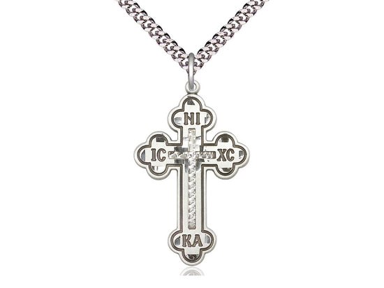 Sterling Silver Cross Pendant on a 24 inch Light Rhodium Heavy Curb Chain - Unique Catholic Gifts