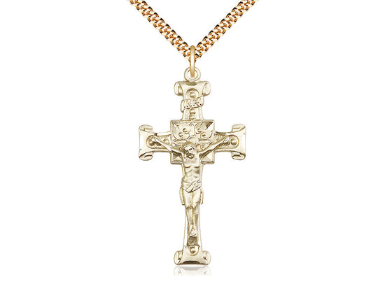 14kt Gold Filled Crucifix Pendant on a 24 inch Gold Plate Heavy Curb Chain - Unique Catholic Gifts