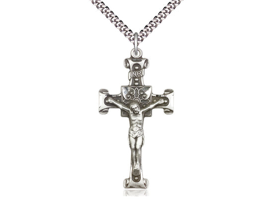 Sterling Silver Crucifix Pendant on a 24 inch Light Rhodium Heavy Curb Chain - Unique Catholic Gifts
