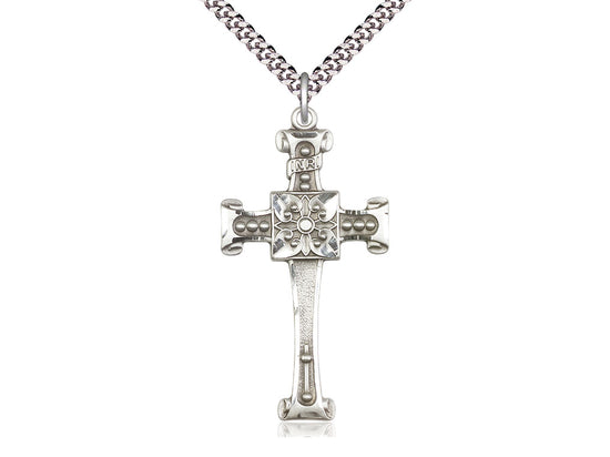 Sterling Silver Cross Pendant on a 24 inch Light Rhodium Heavy Curb Chain - Unique Catholic Gifts