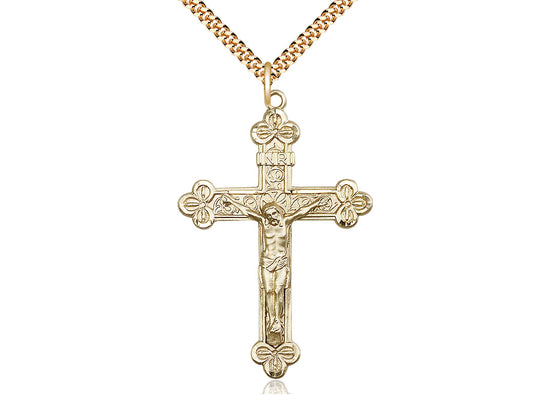 14kt Gold Filled Crucifix Pendant on a 24 inch Gold Plate Heavy Curb Chain - Unique Catholic Gifts
