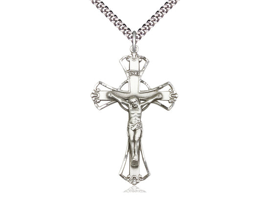 Sterling Silver Crucifix Pendant on a 24 inch Light Rhodium Heavy Curb Chain. - Unique Catholic Gifts