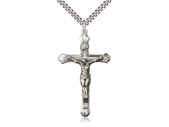 Sterling Silver Crucifix Pendant on a 24 inch Light Rhodium Heavy Curb Chain - Unique Catholic Gifts