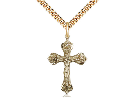 14kt Gold Filled Crucifix Pendant on a 24 inch Gold Plate Heavy Curb Chain - Unique Catholic Gifts