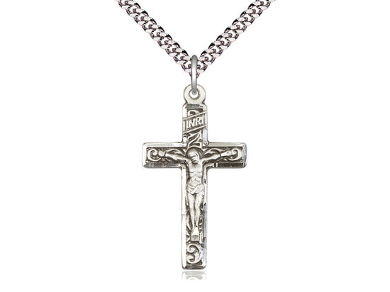 sterling Silver Crucifix Pendant on a 24 inch Light Rhodium Heavy Curb Chain - Unique Catholic Gifts